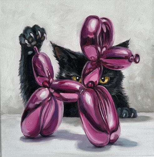 Balloon Cat | Cat Visiting Jeff Koons - Oil painting with cat Contemporary wall art by Victo, Painting for Sale on Select