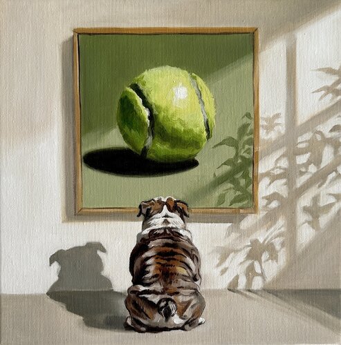 The Great Contemplation | Bulldog and the Tennis Ball –  Oil painting Contemporary wall art by Victo, Painting for Sale on Select