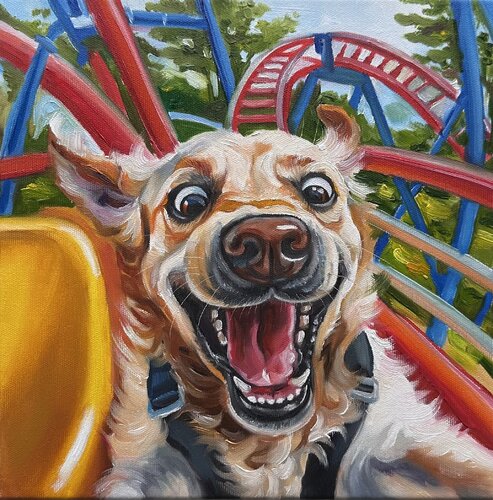 No Brakes | Dog on Rollercoaster –  Oil painting with cat Contemporary wall art by Victo, Painting for Sale on Select