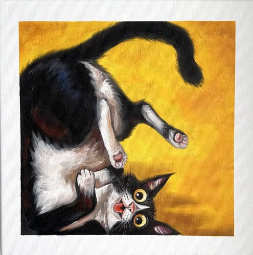 Same Energy I | Cat in Motion –  Motherhood Oil painting with cat animal art Contemporary wall art by Victo, Painting for Sale on Select