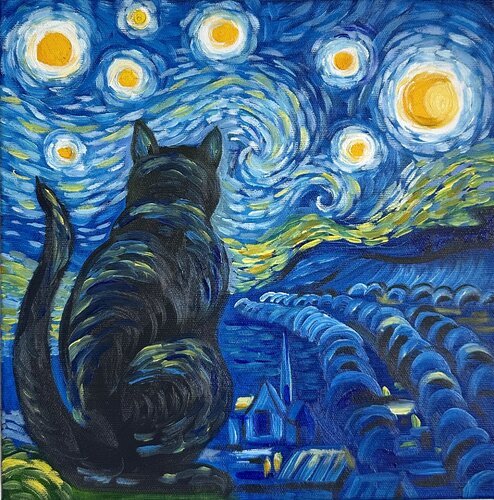 Starry Night Visitor | Cat Visiting Van Gogh –  Oil painting with cat Contemporary wall art by Victo, Painting for Sale on Select