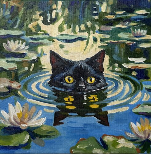 Monet’s Quiet Guest | Cat Visiting Monet inspired Whimsy Whimsical Cat Company Emotive Color by Victo, Painting for Sale on Select