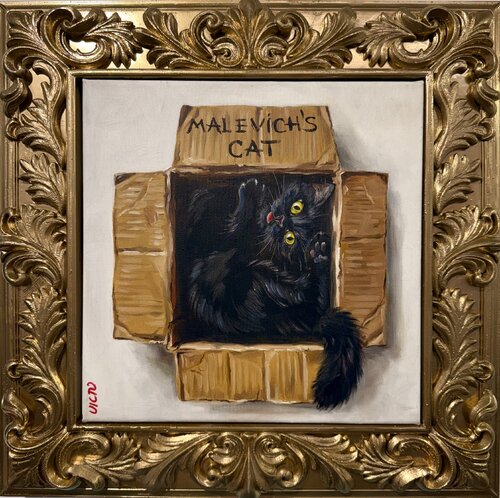 The Suprematist Cat | Cat Visiting Malevich: Kazimir Malevich-inspired Whimsical Cat Emotive Color Field von Victo, Malerei kaufen auf Select