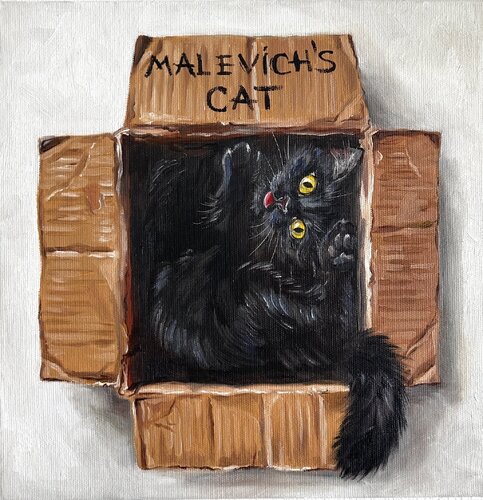 The Suprematist Cat | Cat Visiting Malevich: Kazimir Malevich-inspired Whimsical Cat Emotive Color Field by Victo, Painting for Sale on Select