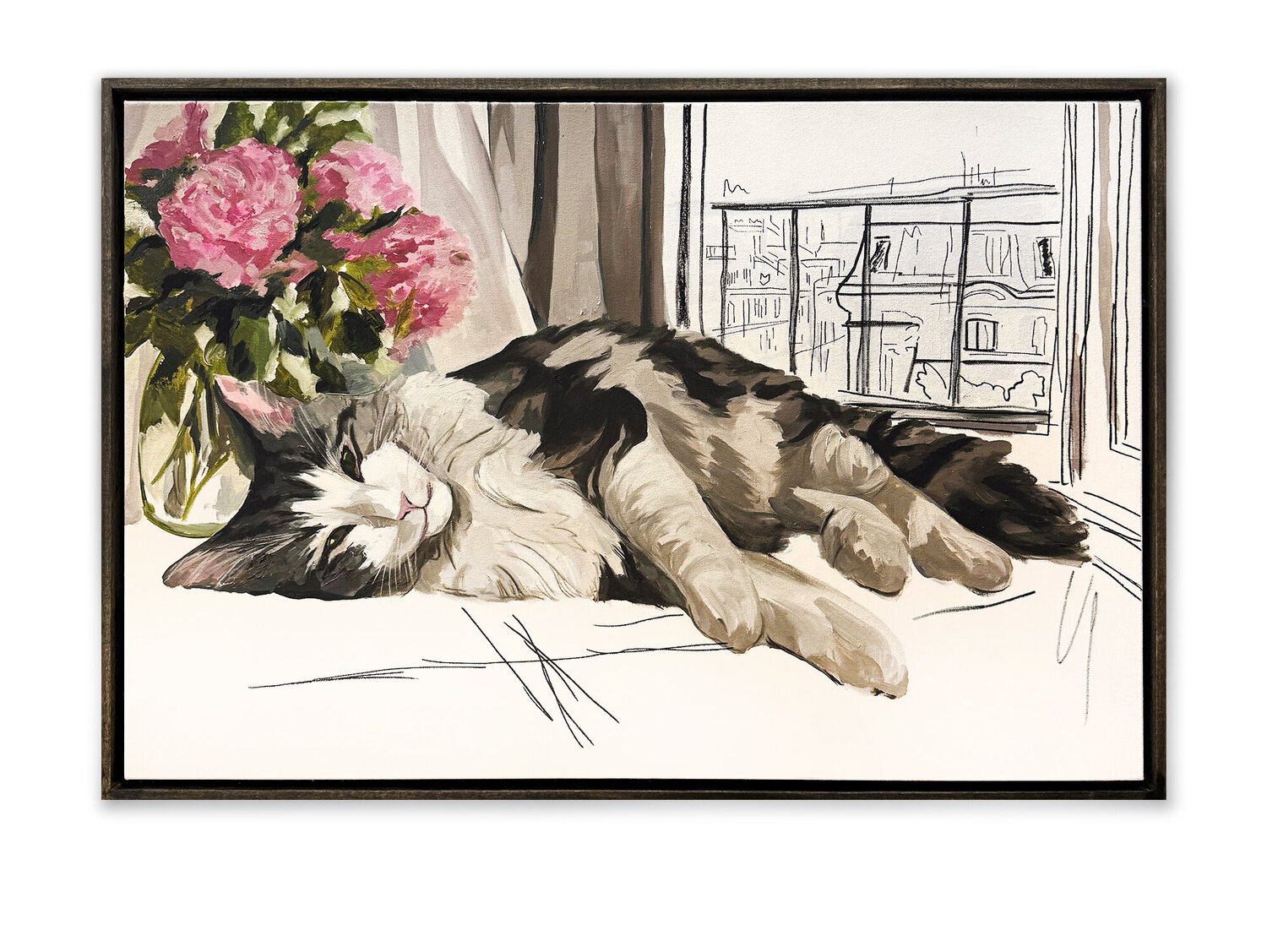 Paris Vibes – Relaxed Cat with Pink Peonies & Paris Window Scene | Oil & Acrylic Markers on Canvas 36x24 in” Victo Original painting for sale