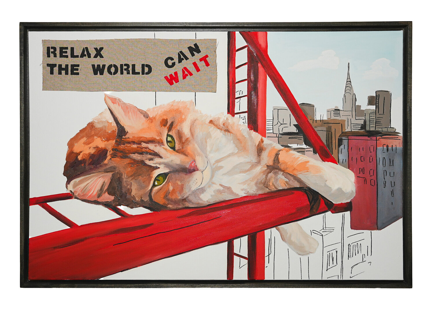 Manhattan Watcher – Ginger Cat with New York City Skyline | Oil & Acrylic Markers on Canvas 36x24 in” Victo Original painting for sale