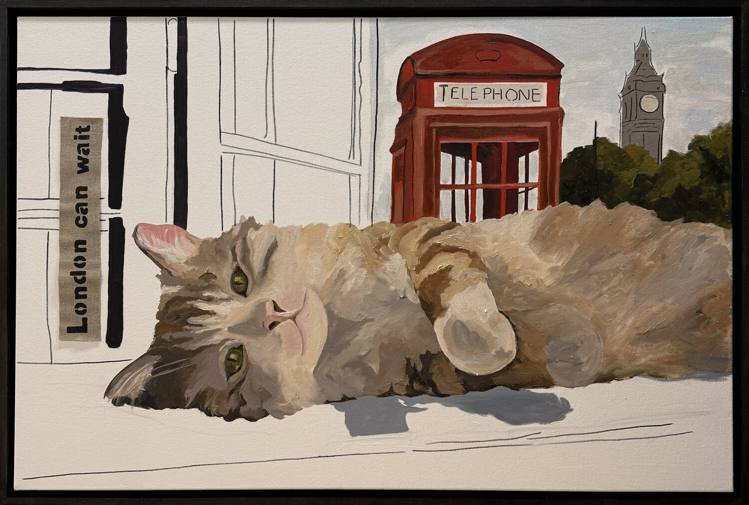 London Can Wait – Relaxed Cat in Red & Beige Tones with Iconic British Phone Booth | Oil & Acrylic Markers on Canvas 36x24 in” Victo Original painting for sale