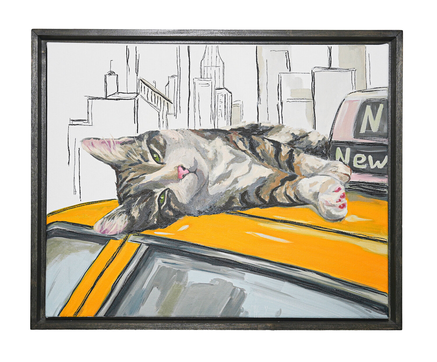 Cat In The City – Tabby on a Yellow Taxi Roof | Oil & Marker on Canvas 16x20 in” Victo Original painting for sale
