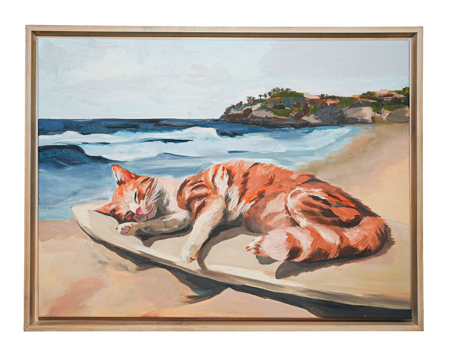 Chill on the Board – Orange Tabby Cat Relaxing on a Surfboard | Oil & Marker on Canvas 18x24 in” Victo Original painting for sale