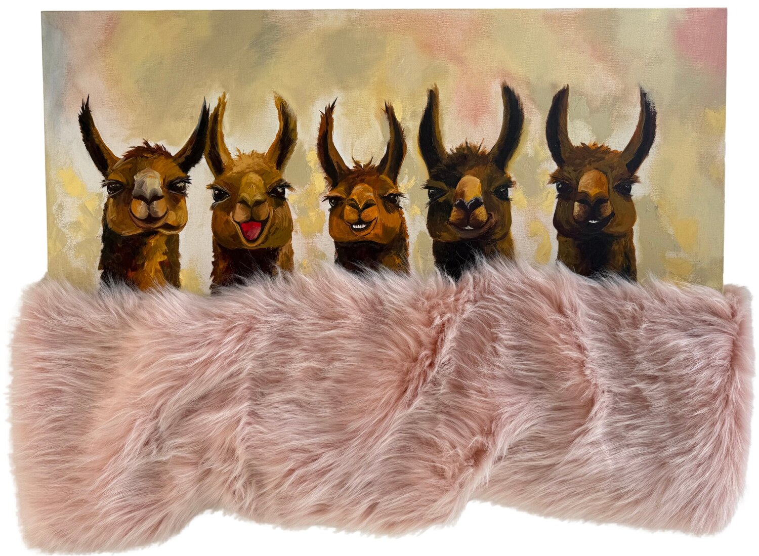 Cozy Alpacas Under One Blanket - Five Friendly Alpacas - Whimsical Animal Mixed Media Artwork with Faux Fur - 39x28" – Cozy, Playful, Unique Decor Victo Original painting for sale