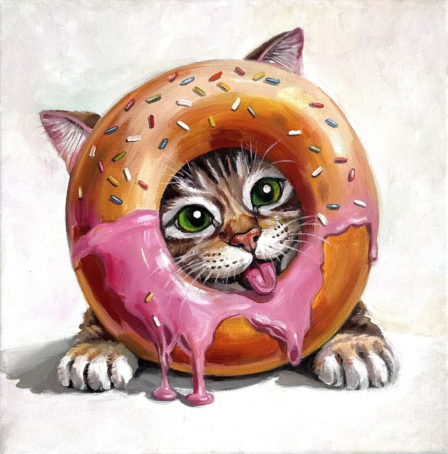 Cat in a Donut | Playful Cat Donut Painting – Oil on Canvas 30x30 – Classical Humor Animal Art Victo Original painting for sale