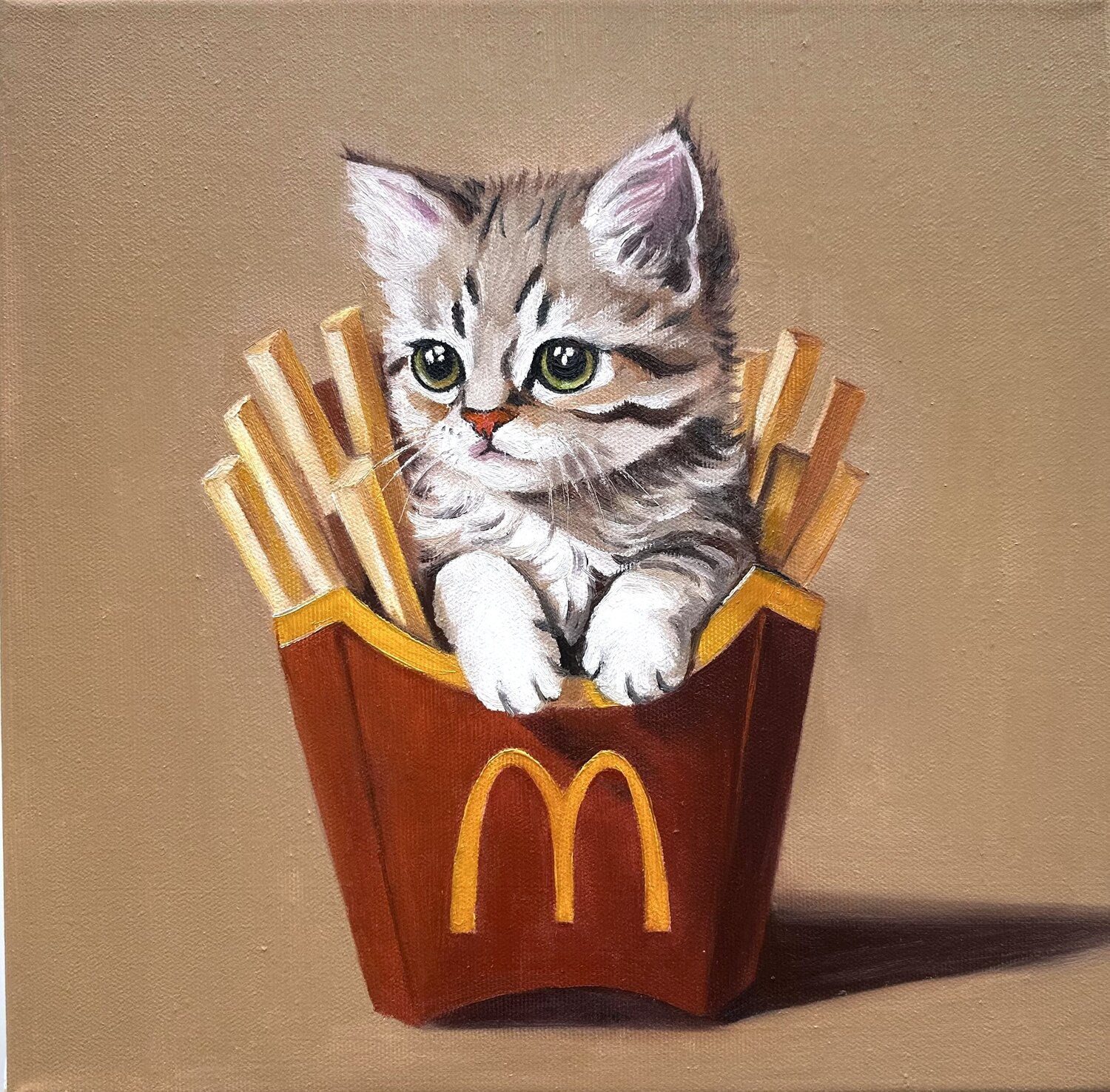 Fries Lover | Playful Kitten in French Fries Box – Oil on Canvas 30x30 – Classical Humor Animal Art Victo Original painting for sale