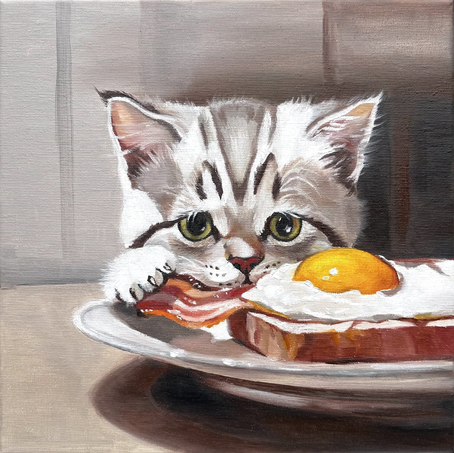 Breakfast Thief | Cat with Bacon and Egg – Oil on Canvas 30x30 – Classical Humor Animal Art Victo Original painting for sale
