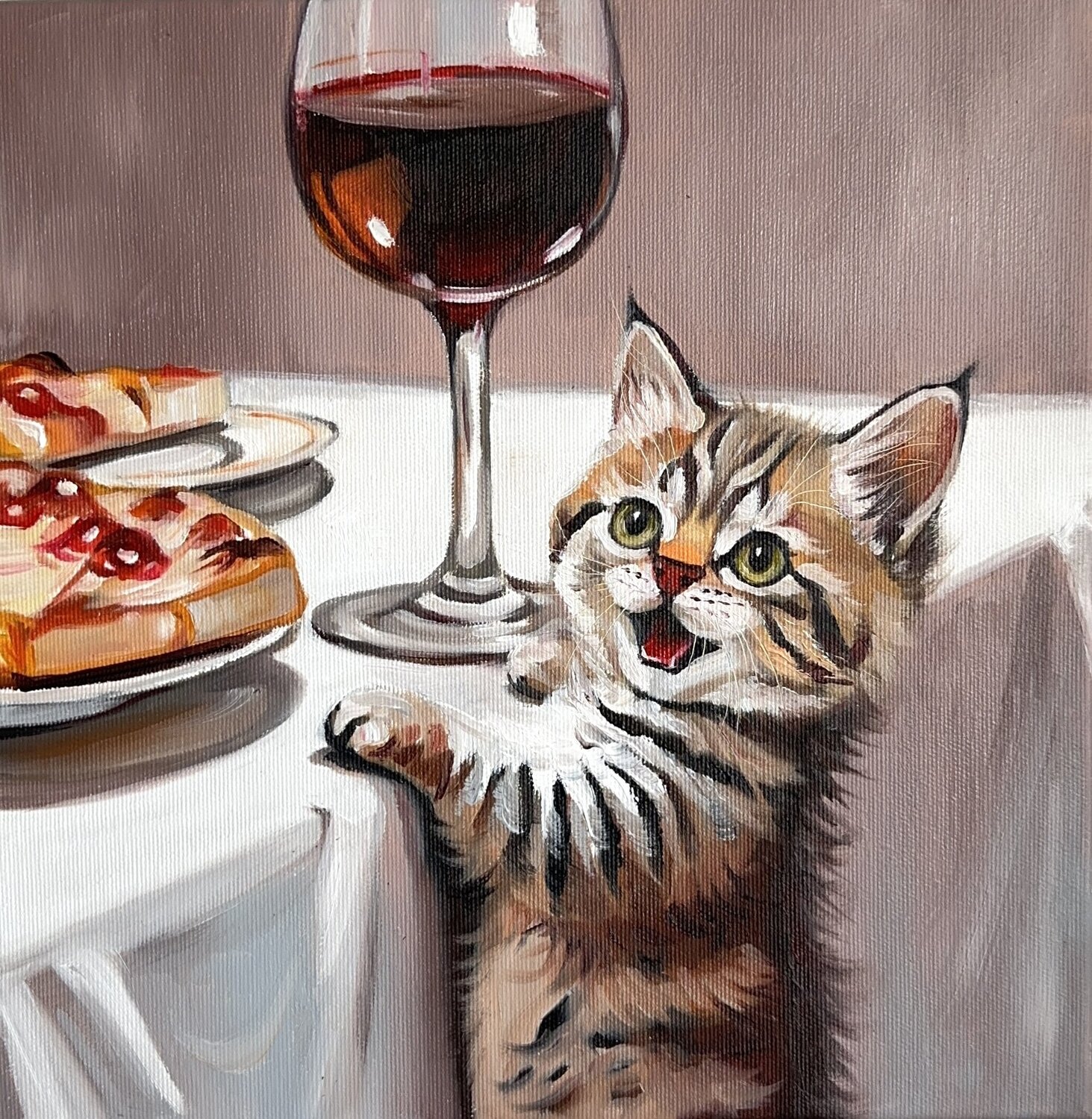 The Curious Dinner Guest  – Oil on Canvas 30x30 – Classical Humor Animal Art Victo Original painting for sale