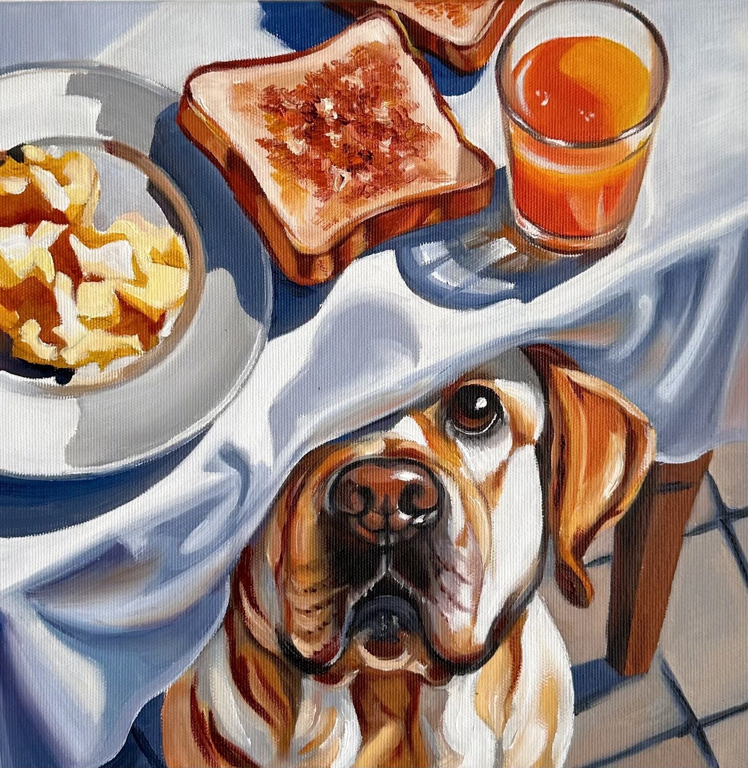 Those Eyes | Labrador and Breakfast Table Scene  – Oil on Canvas 30x30 – Classical Humor Animal Art Victo Original painting for sale