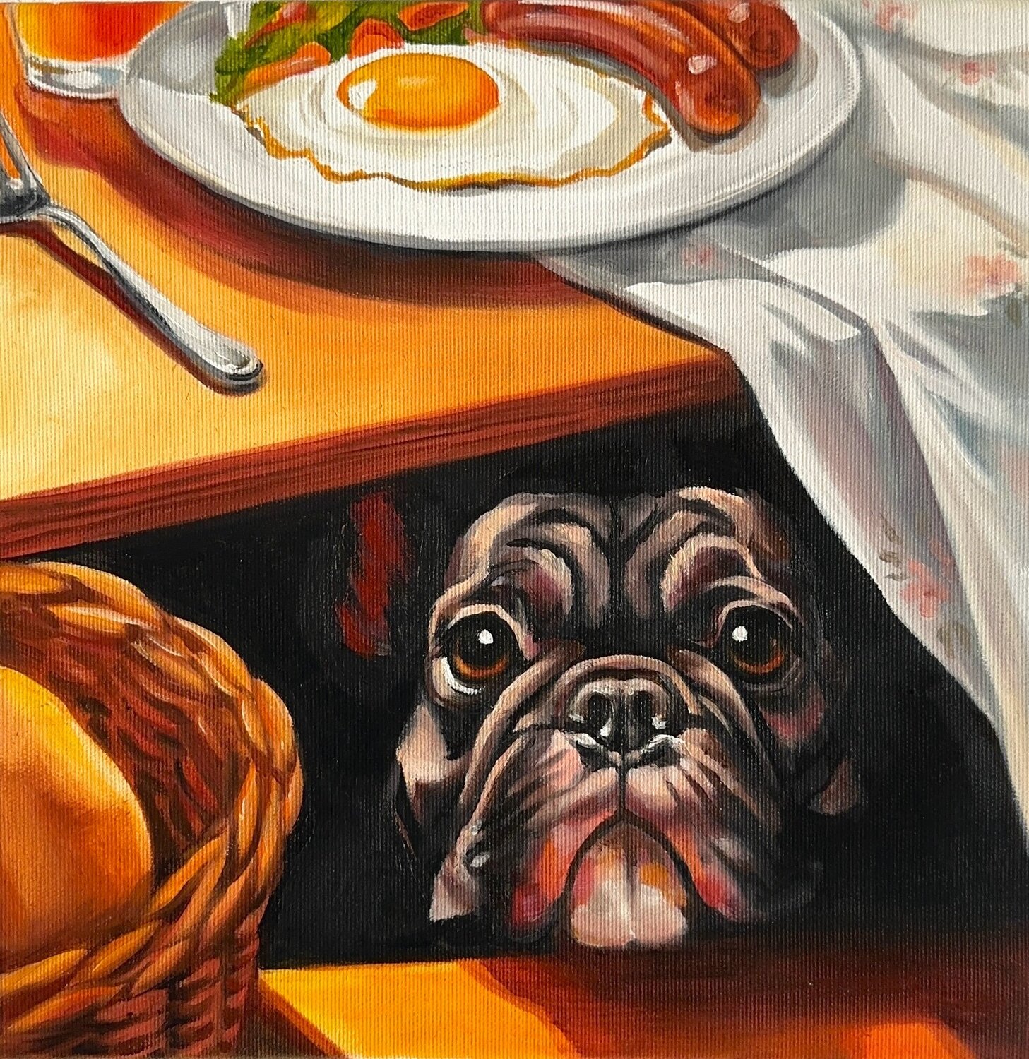 Just One Bite | Hungry Bulldog Under the Table  – Oil on Canvas 30x30 – Classical Humor Animal Art Victo Original painting for sale