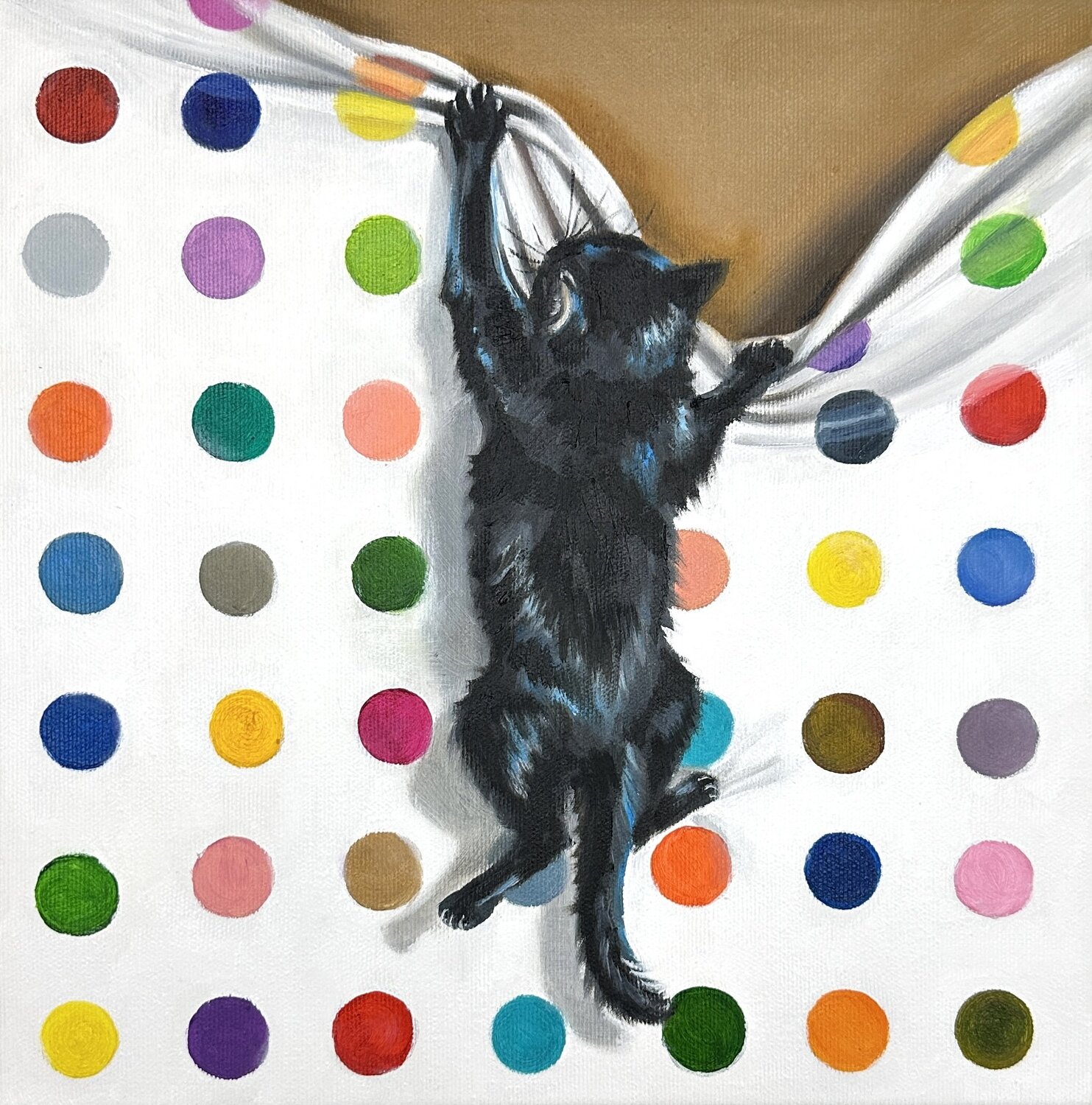 Spot the Cat | Cat Visiting Damien Hirst Oil painting with cat Contemporary wall art Victo Original painting for sale