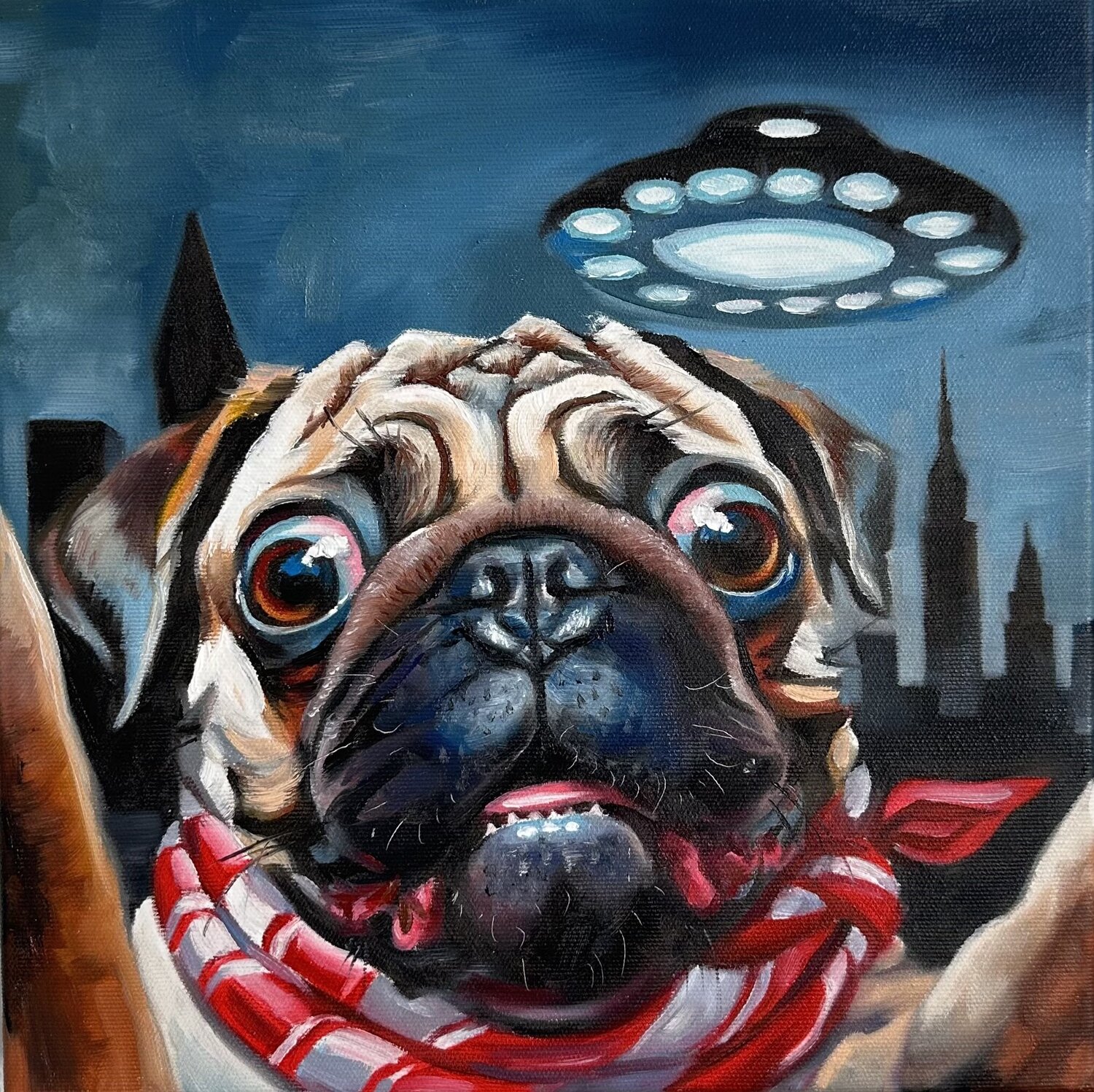 They’re Watching | Pug Under the UFO - Oil painting with cat Contemporary wall art Victo Original painting for sale