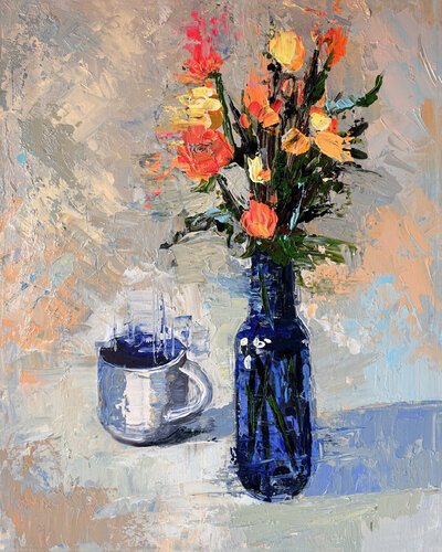 Blue Vessel and Morning Flowers by Maria Kireev, Painting for Sale on Select