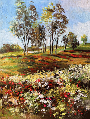 Field of Scarlet Blossoms by Maria Kireev, Painting for Sale on Select
