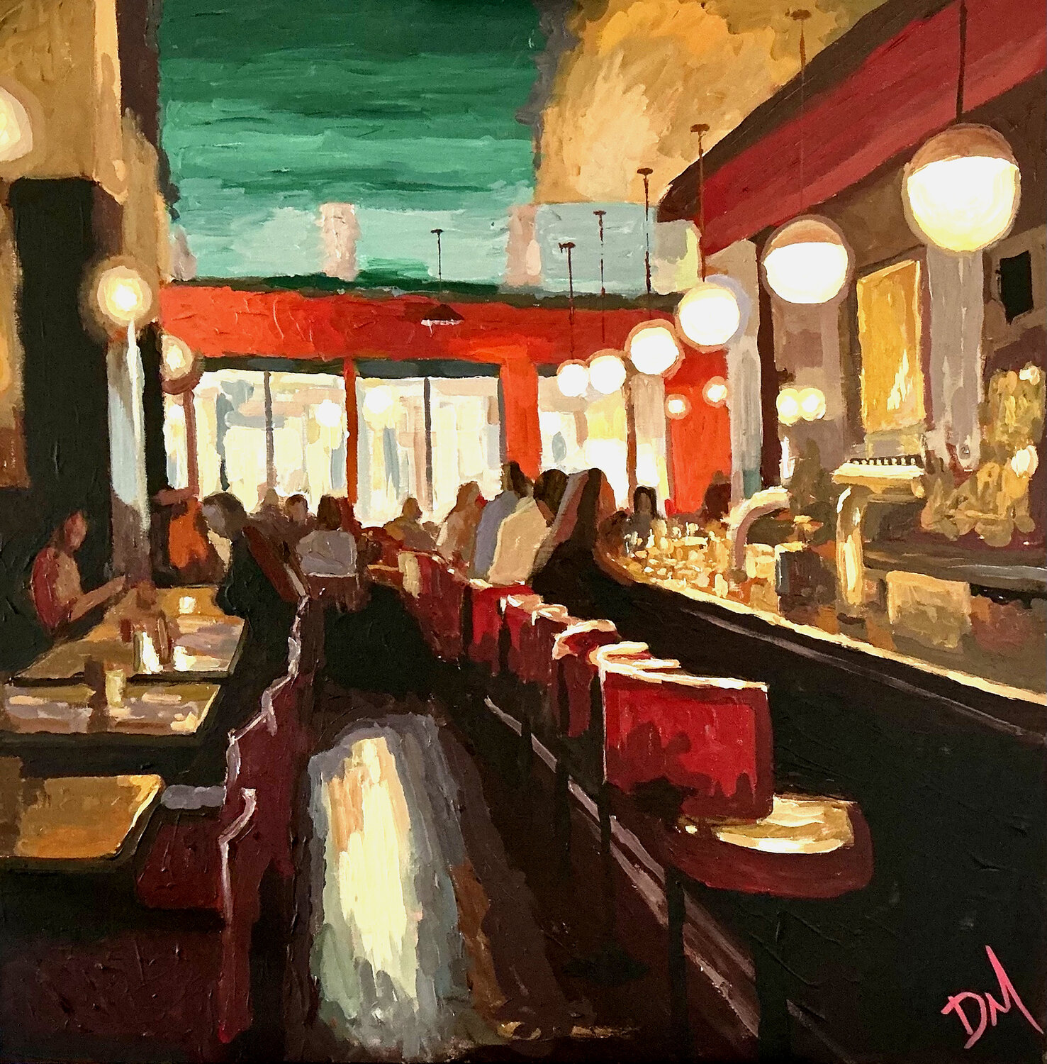 The Bar in Red Hues Daniel Murgatroyd Original painting for sale