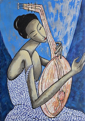 De la serie Las Piadosas, "La joven y el laúd" by Enriqueta Aguilo, Painting for Sale on Select