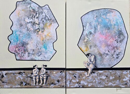 Piadosas Edad de Piedra. Diptico by Enriqueta Aguilo, Painting for Sale on Select
