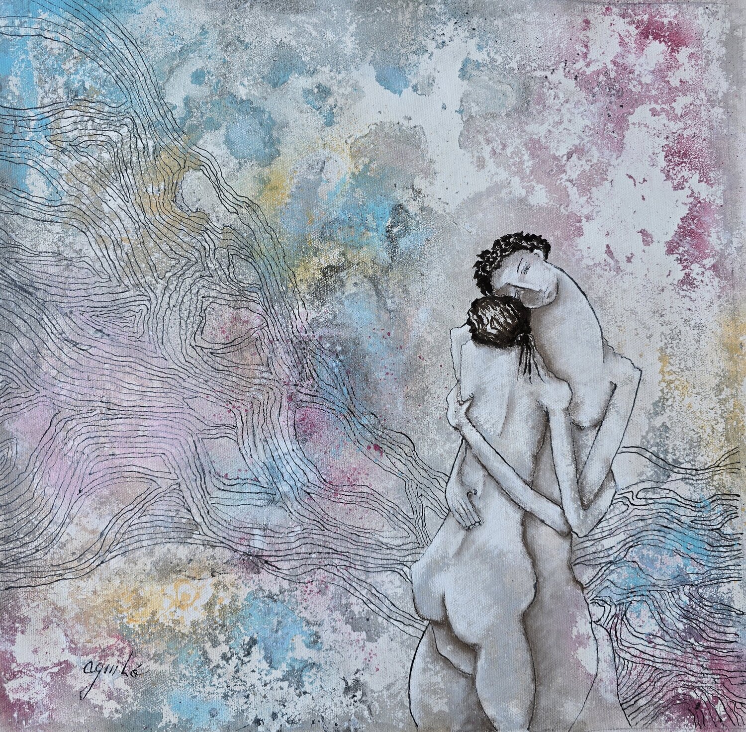 De la Serie Las Piadosas, El Abrazo Enriqueta Aguilo Original painting for sale