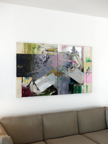 Installation View: Untitled Readymade (Overpainted Fashion Ad #1) by Peter Vahlefeld, Painting for Sale on Select