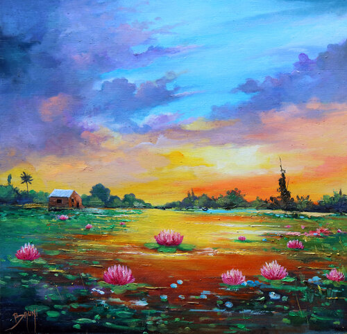 Lotus et Lueur Dorée by Eric Bruni, Painting for Sale on Select