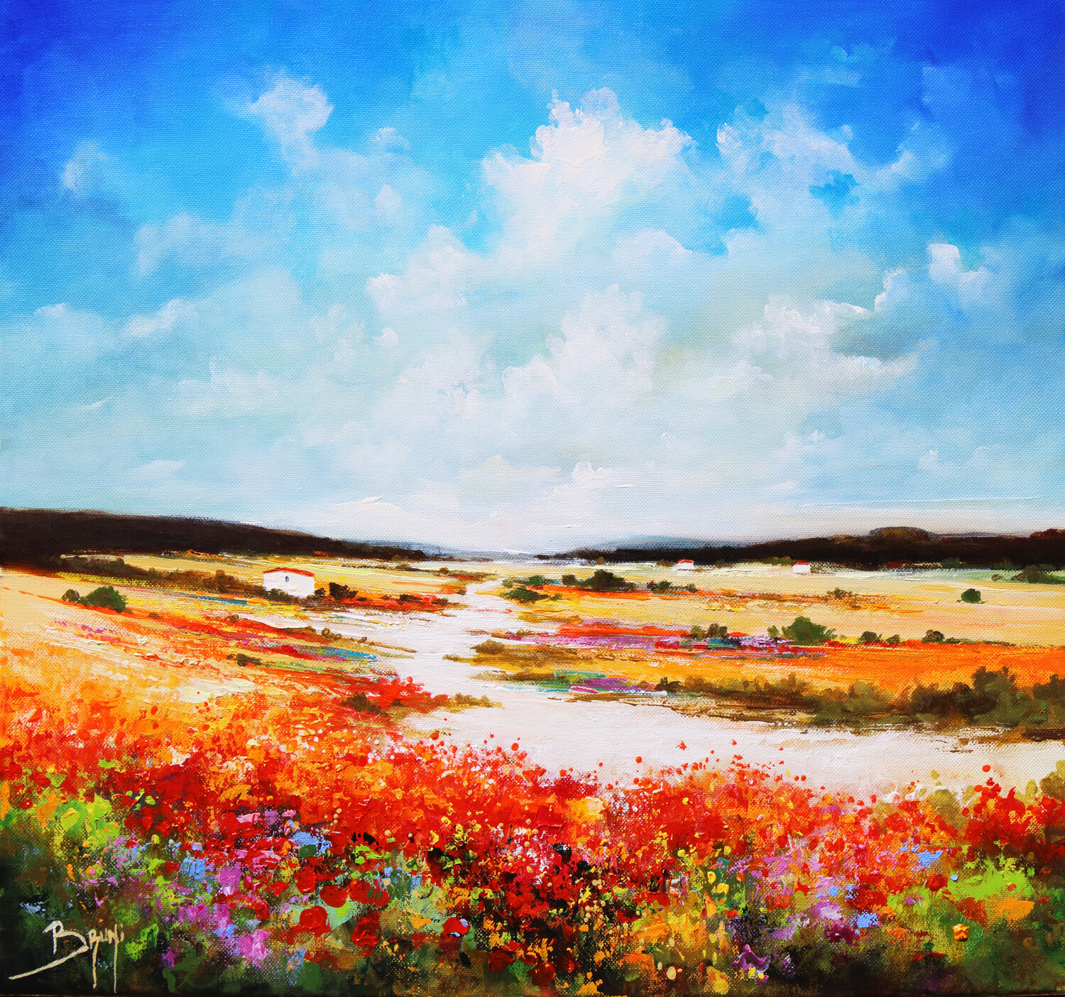 Plaine aux fleurs rouges Eric Bruni Original painting for sale