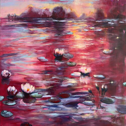 Red Sunset At The Pond by Sandra Gebhardt-Höpfner, Painting for Sale on Select