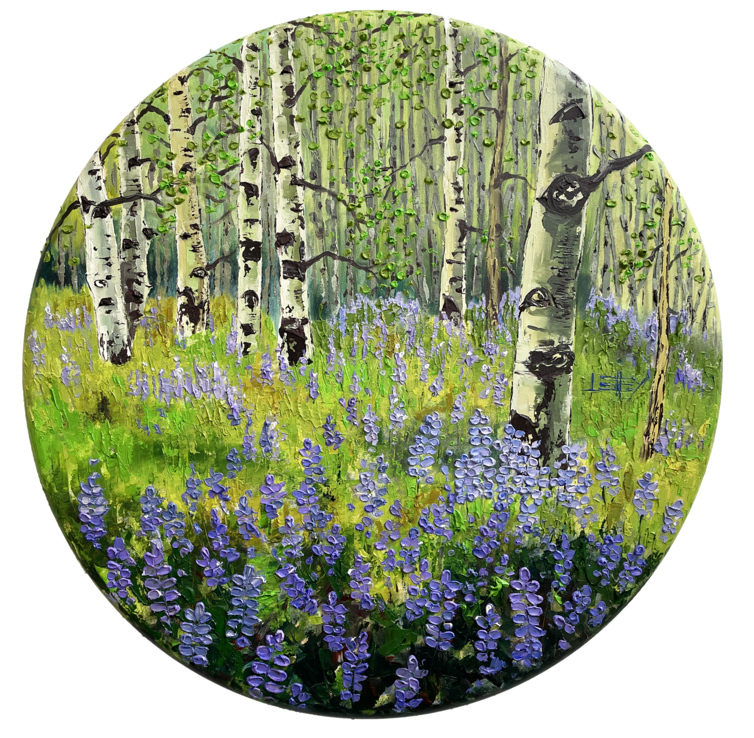 SPRING LUPINE AND ASPENS IN LAKE TAHOE Lisa Elley Original painting for sale