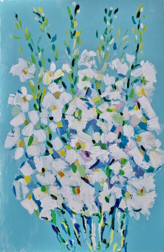 Gladioli on blue by Maria (Masha) Potapenkov, Painting for Sale on Select