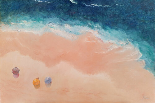 🏖️ La Plage de Sable Rose 🏖️ The Pink Sand Beach 🏖️ Der rosa Sandstrand by Isabel Mahe, Painting for Sale on Select