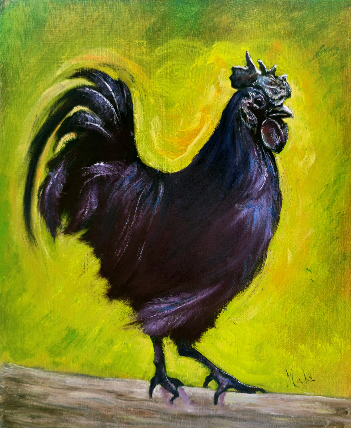🐓 Jeune Coq noir 🐓 Black Cockerel 🐓 Schwarzer Hahn Isabel Mahe Original painting for sale
