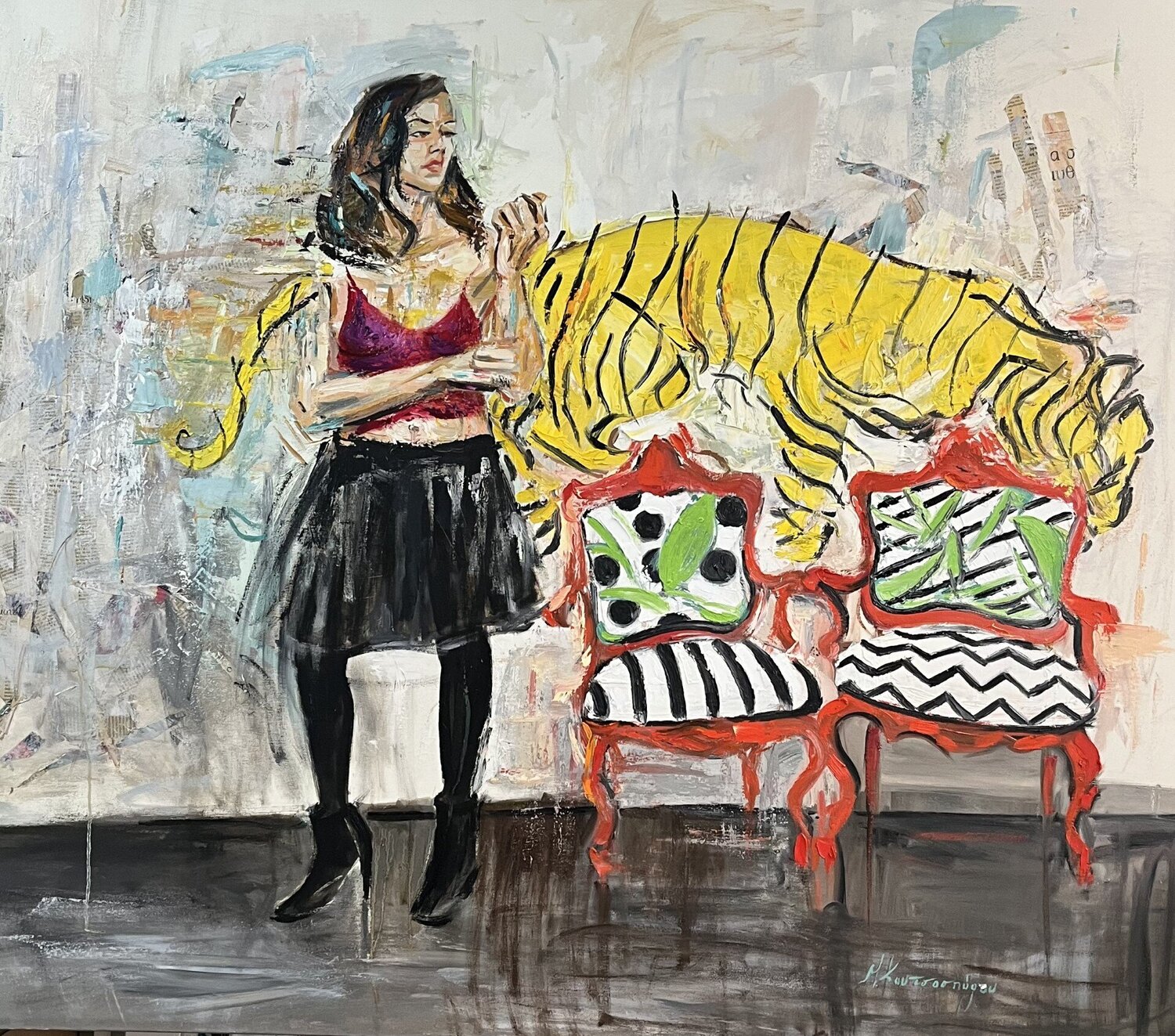 Woman with tiger background Marina Koutsospyrou Original painting for sale