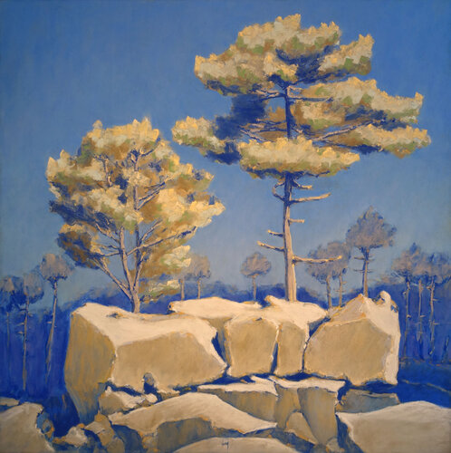 Rochers et pins au JA Martin, bleu by François Cusson, Painting for Sale on Select