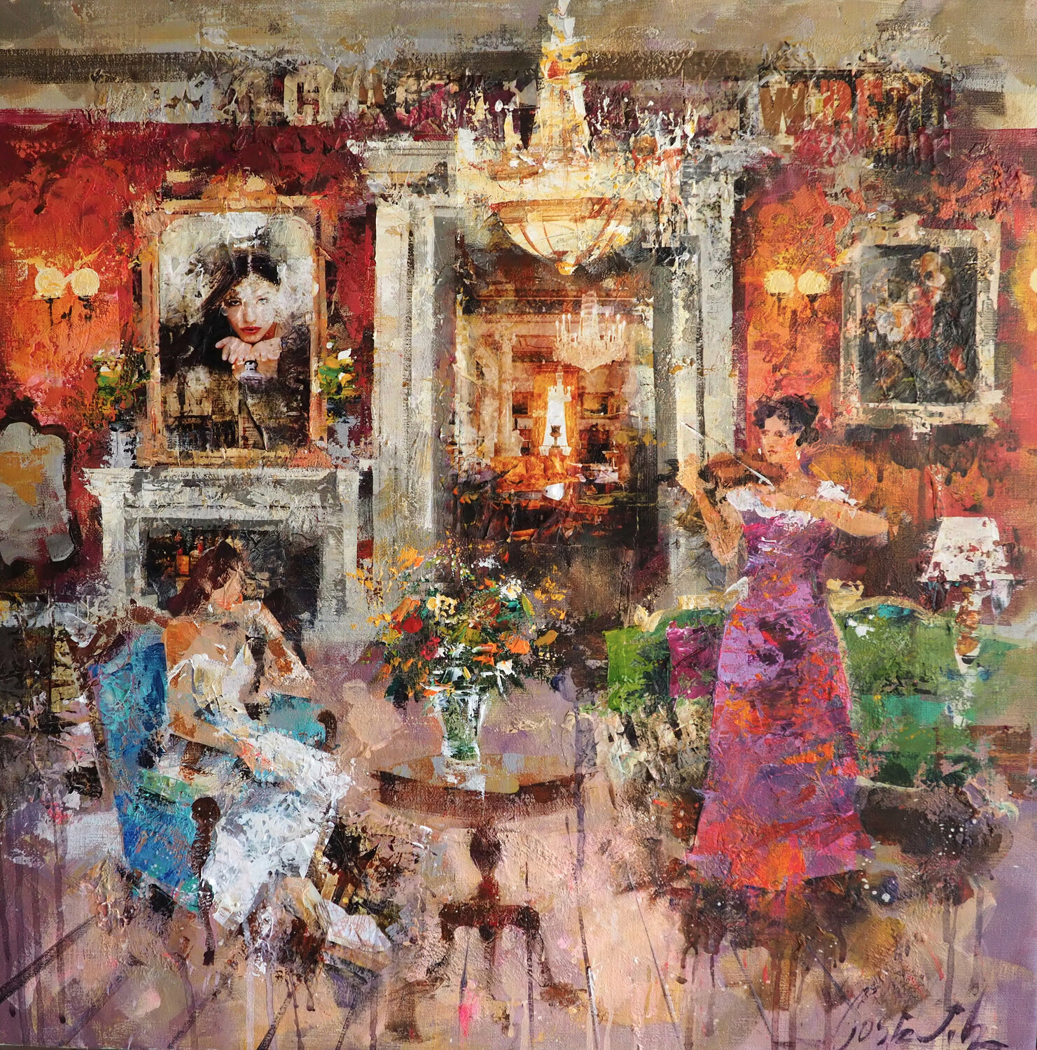 Intérieur rouge Josep Costa Vila Original painting for sale