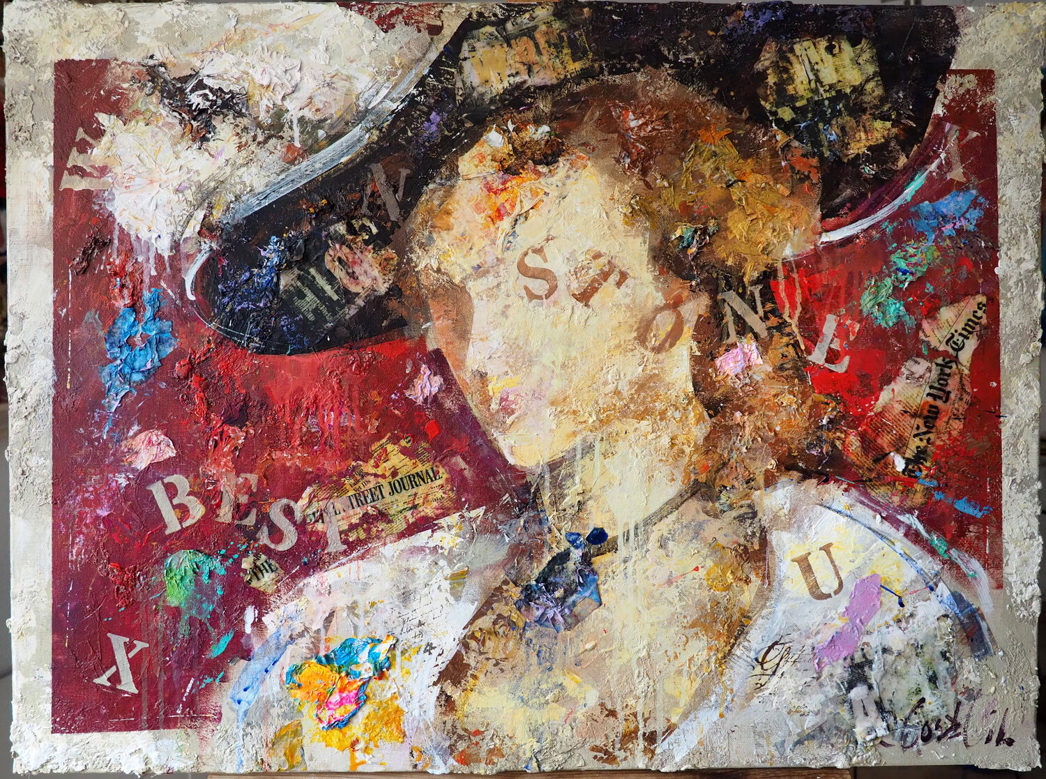 Dame sur fond rouge Josep Costa Vila Original painting for sale