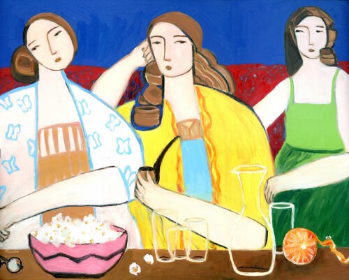 Popcorn Night, Semi Abstract Representational Figure Oil Painting by Alexandra Swistak by Alexandra Swistak, Painting for Sale on Select