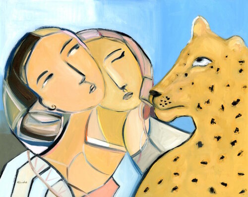 Quiet Conversations, Modern Cubist Abstract Figurative Angels Oil Painting by Alexandra Swistak, Painting for Sale on Select