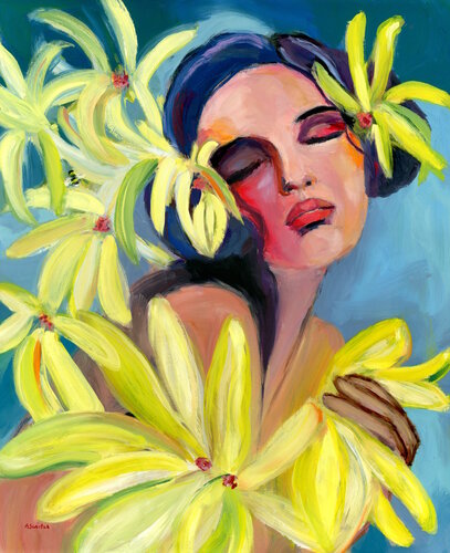 Girl With Bee and Yellow Flowers Contemporary Oil Painting by Alexandra Swistak, Painting for Sale on Select