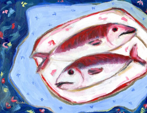 Two Fish on Blue, Vintage Style Still Life Oil Painting by Alexandra Swistak, Painting for Sale on Select