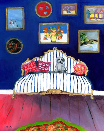 Pup on Blue Striped Sofa, Interior Room Portrait Oil Painting by Alexandra Swistak, Painting for Sale on Select
