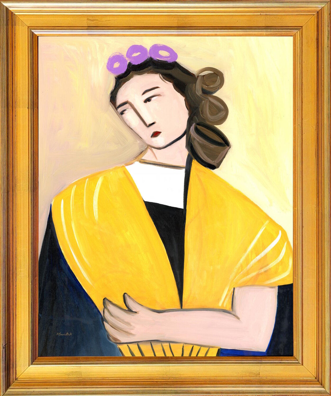 Yellow Shawl, Minimalist, Expressionist Portrait Oil Painting by Alexandra Swistak Alexandra Swistak Original painting for sale
