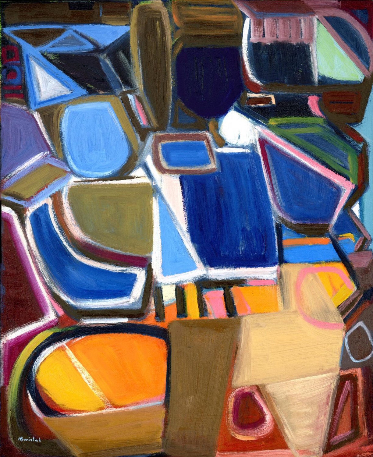 Gallants, Cubist Geometric Vintage Swedish Style Fine Art Oil Painting by Alexandra Swistak Alexandra Swistak Original painting for sale