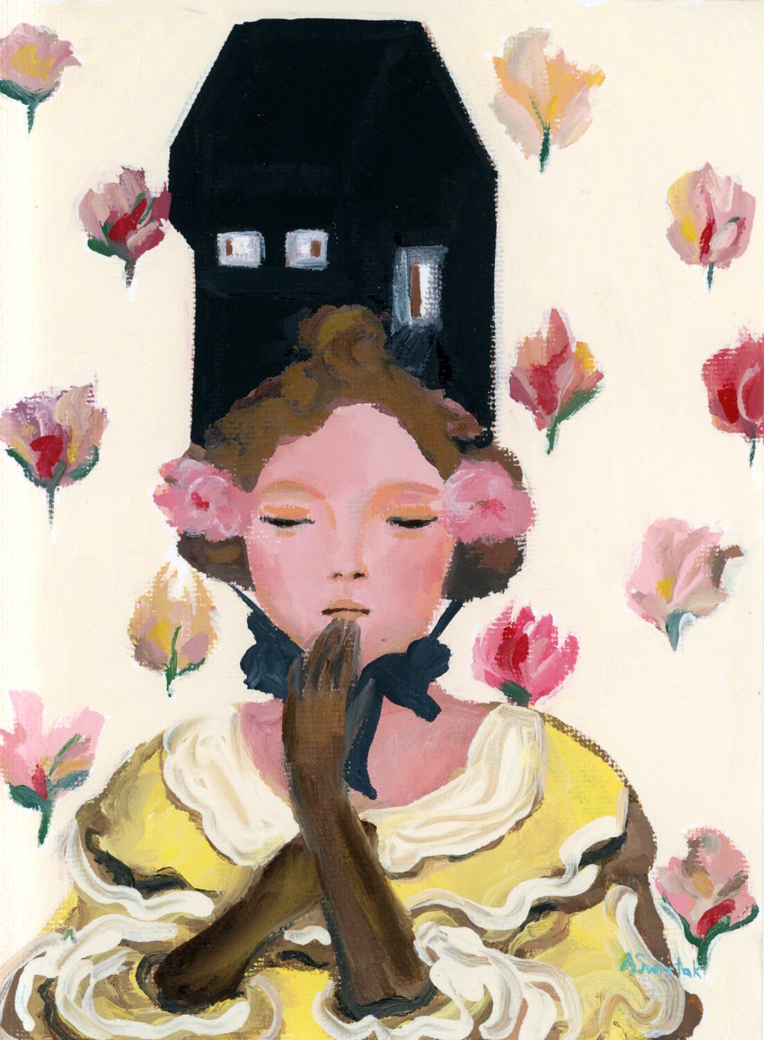 Freja With House Hat, Portrait Oil Painting Alexandra Swistak Original painting for sale