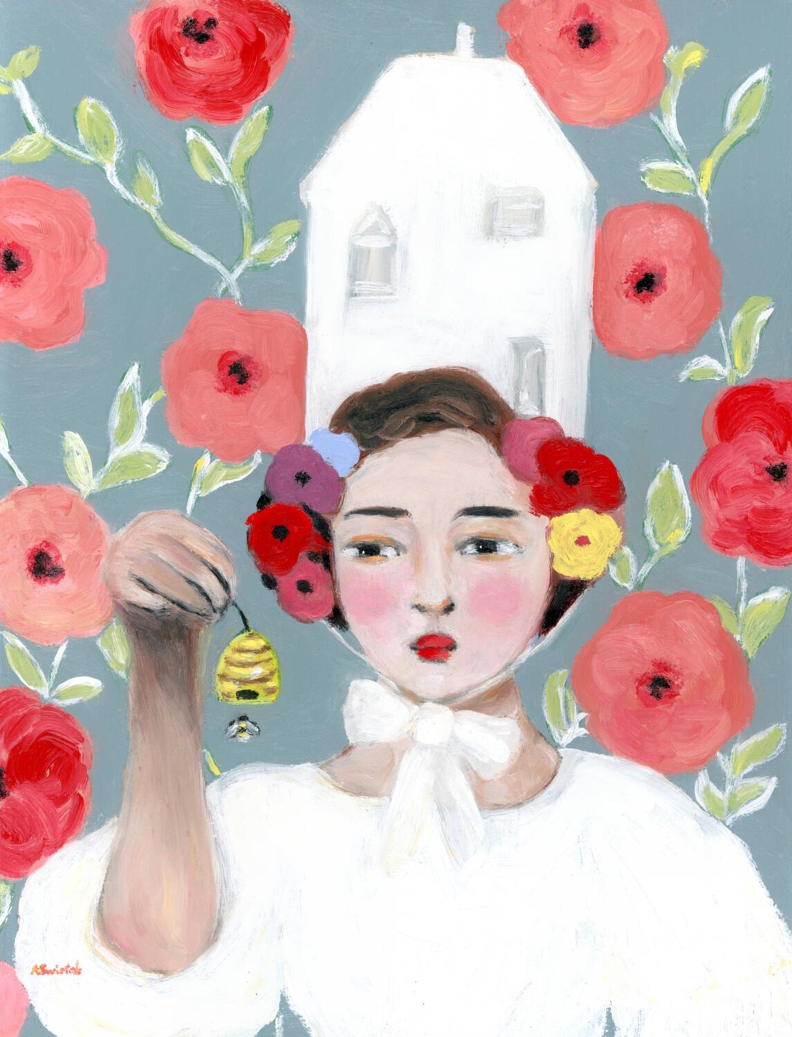 Miranda, Beekeepers Daughter Modern Swedish Vintage Style Portrait Oil Painting Alexandra Swistak Original painting for sale
