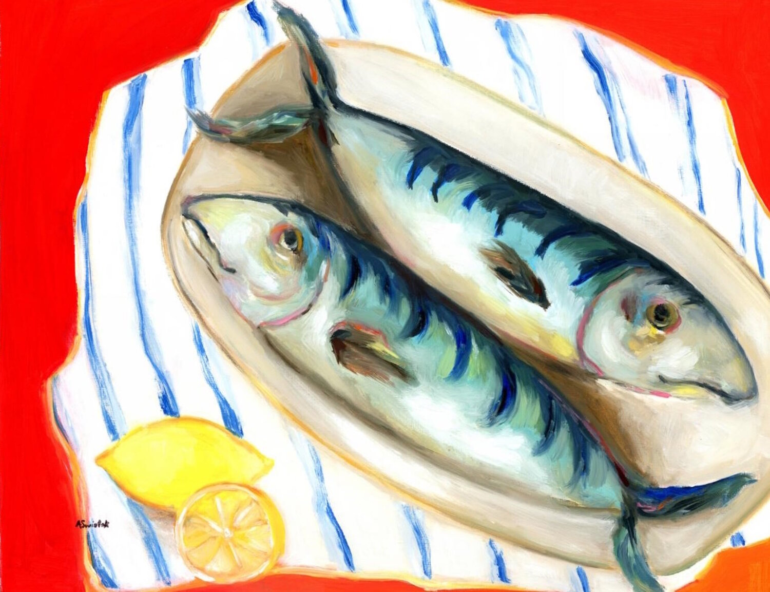 Two Fish, Two Lemons on Table, Still Life Oil Painting Alexandra Swistak Original painting for sale